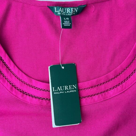 Lauren by RL Fuchsia Pink Contrast Trim Scoop Neck 3/4 Sleeve Top-Size L - Picture 6 of 10